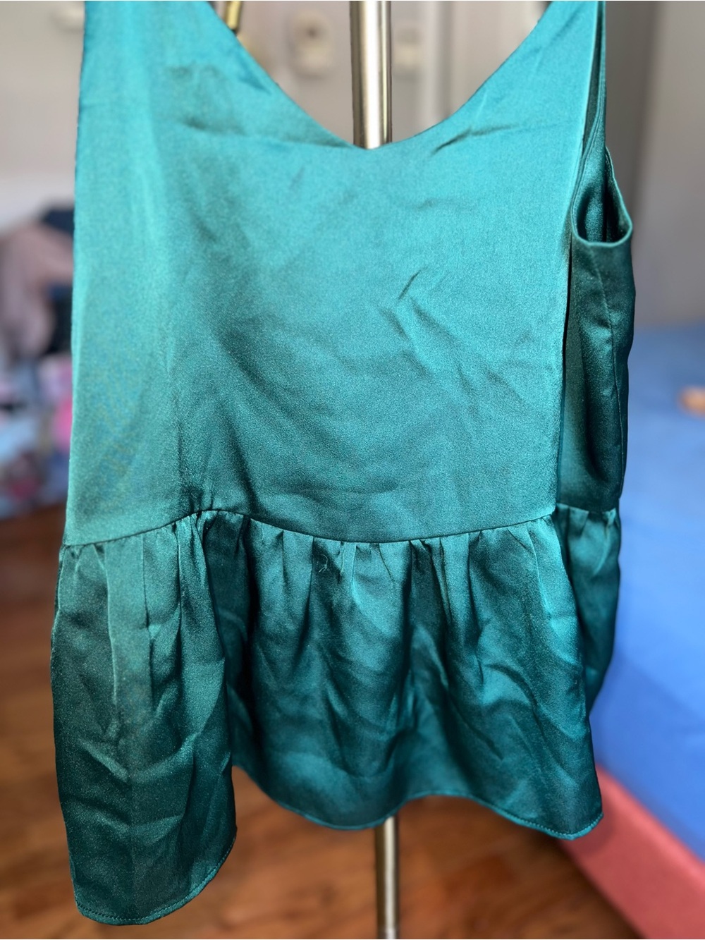 C. Luce Deep Green Satin Peplum Top